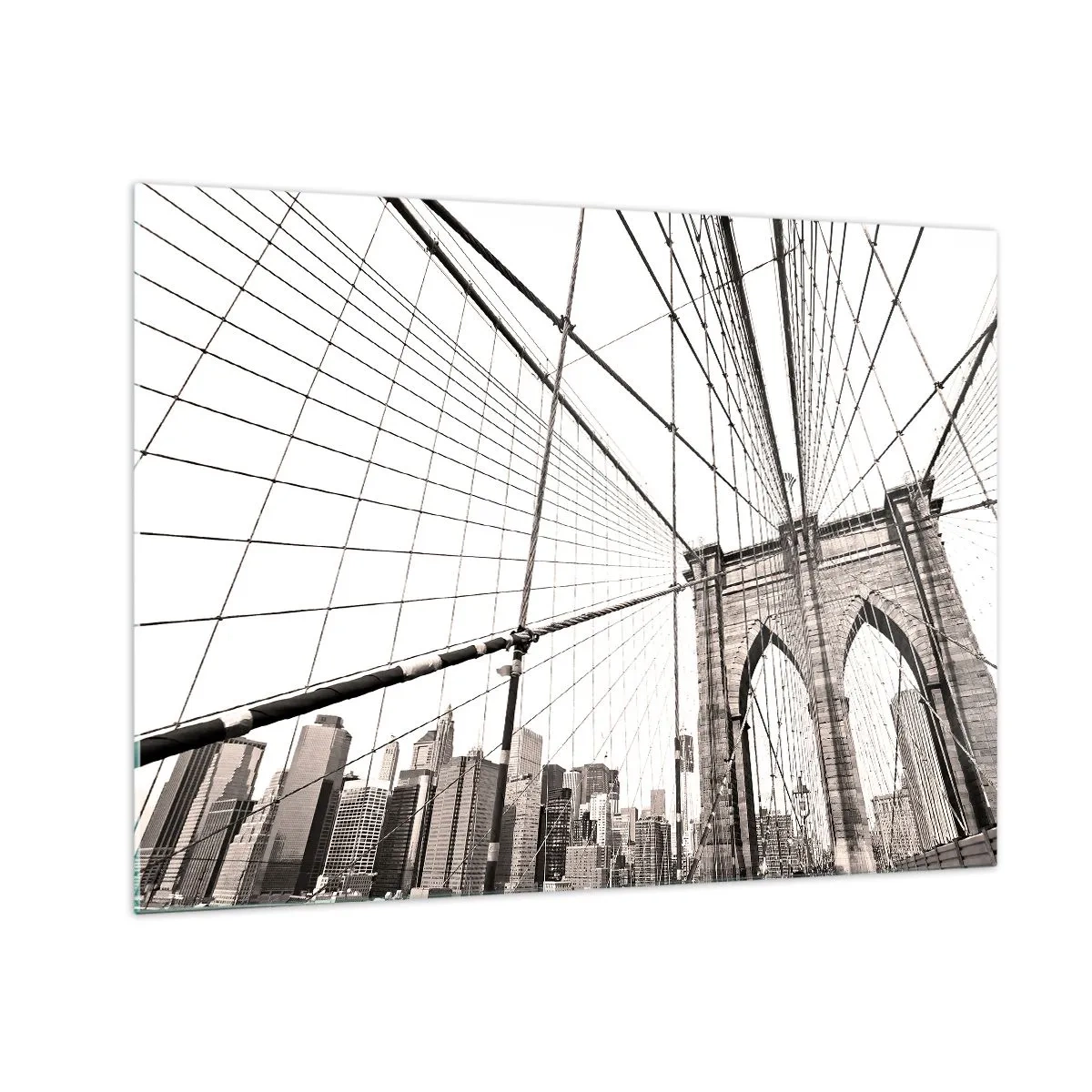 Obraz na skle - Visutý most s panorámou mesta v pozadí v sépiovej farbe - 70x50cm - Newyorská katedrála - Moderná nástenná dekorácia do obývacej izby a spálne ARTTOR