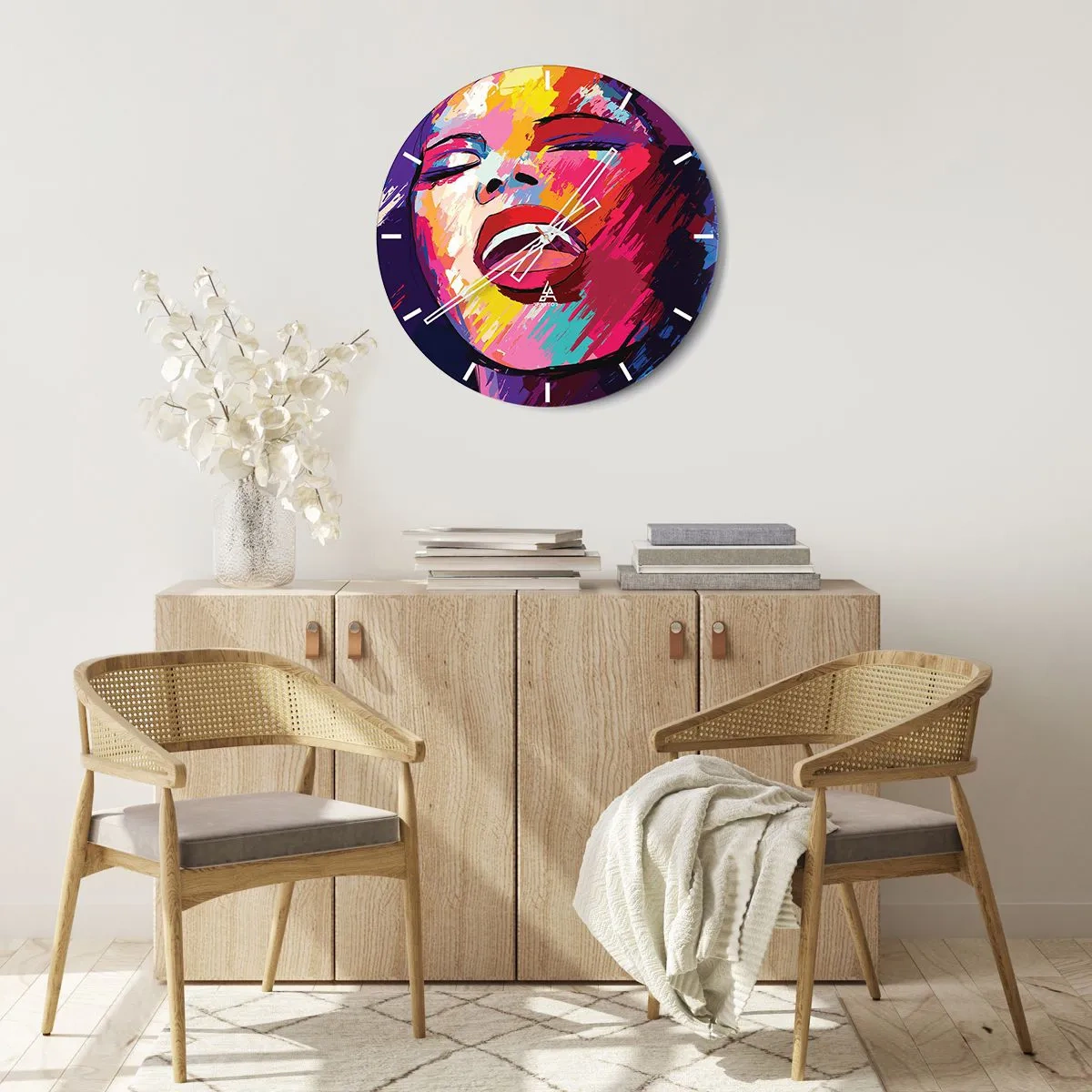 Nástenné hodiny - Farebný portrét spievajúcej postavy v abstraktnom štýle. - 30x30cm - Vyspievať celý život - Moderná nástenná dekorácia do obývacej izby, kuchyne a spálne ARTTOR