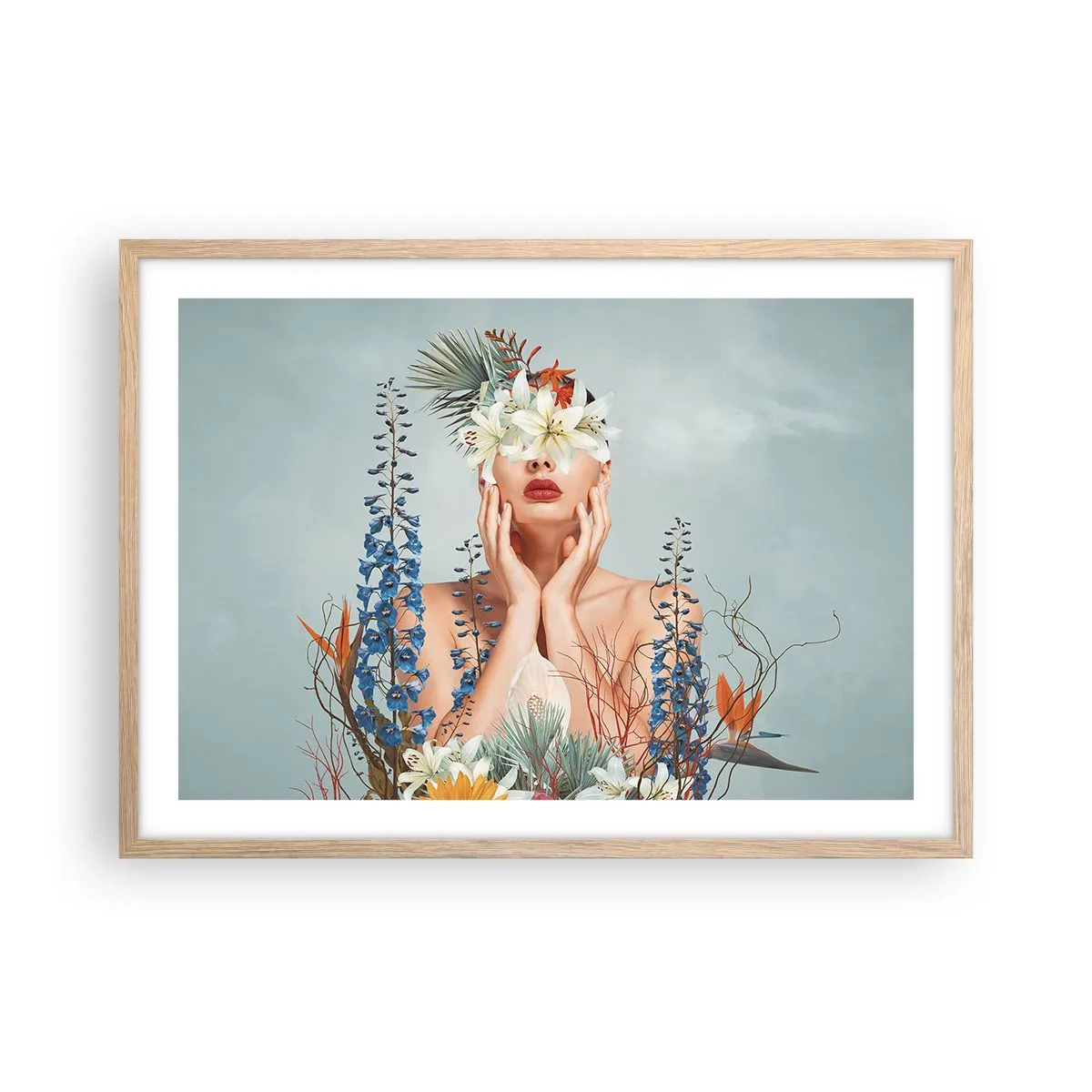 Plagát v ráme zo svetlého duba - Žena – kvetina - 70x50 cm