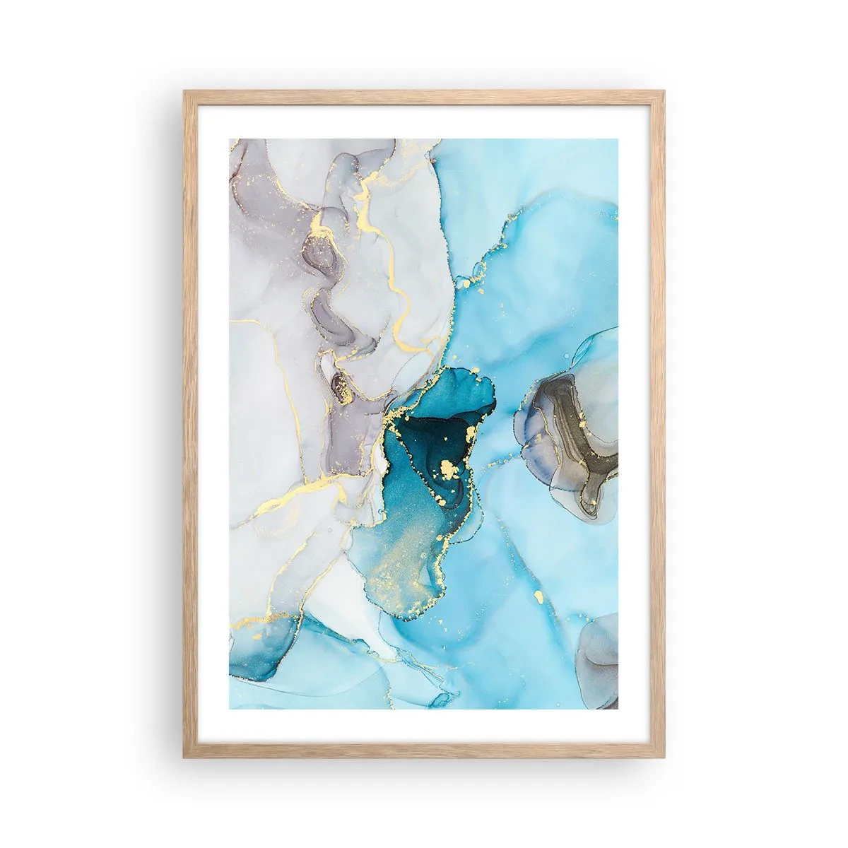 Plagát v ráme zo svetlého duba - Štúdia o stretnutí šedej a tyrkysovej - 50x70 cm