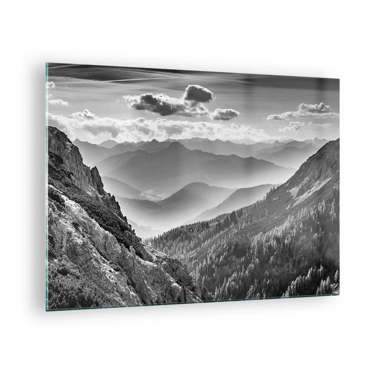 Obraz na skle - Čiernobiela horská panoráma s výhľadom na údolie - 70x50cm - Až k horizontu - Moderná nástenná dekorácia do obývacej izby a spálne ARTTOR