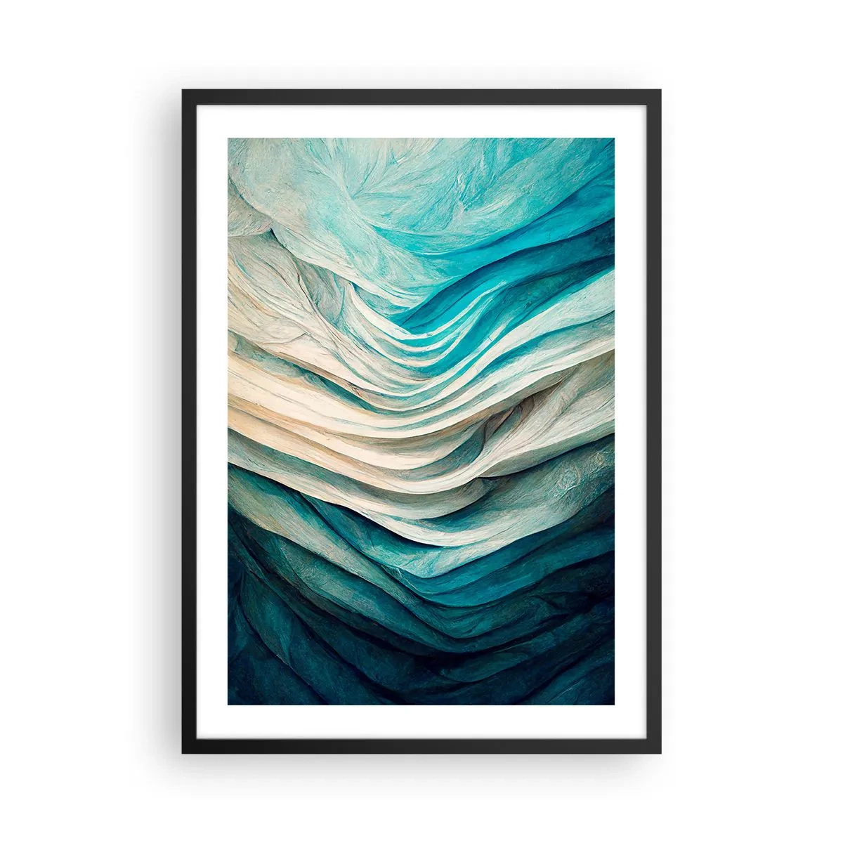 Plagát v čiernom ráme - Abstraktná kompozícia vĺn v odtieňoch modrej a béžovej - 50x70cm - Modrá neukojiteľnosť - Moderná nástenná dekorácia do obývacej izby a spálne ARTTOR