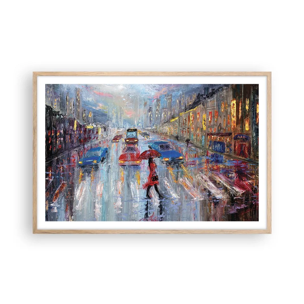 Plagát v ráme zo svetlého duba - Daždivé popoludnie v meste - 91x61 cm