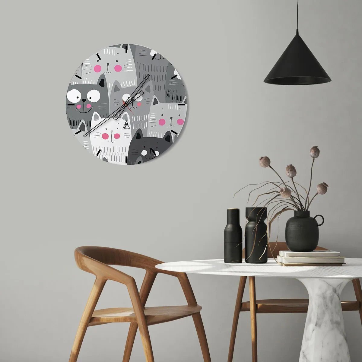 Nástenné hodiny - Sivé a biele mačky v ilustračnom štýle - 30x30cm - Mačací svet - Moderná nástenná dekorácia do obývacej izby, kuchyne a spálne ARTTOR