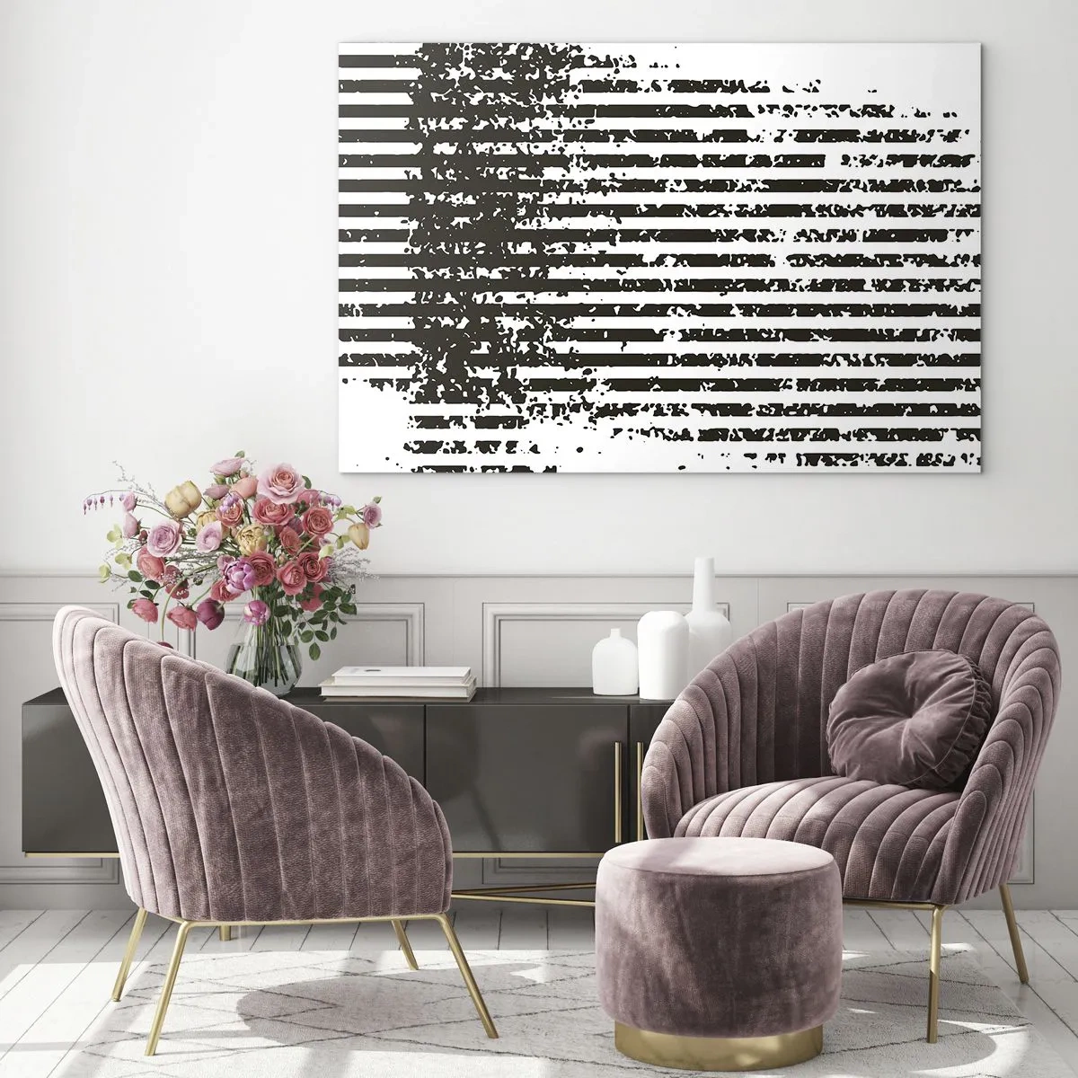 Obraz na skle - Čiernobiele horizontálne čiary s efektmi šumu a oderu - 70x50cm - Rytmus a šum - Moderná nástenná dekorácia do obývacej izby a spálne ARTTOR