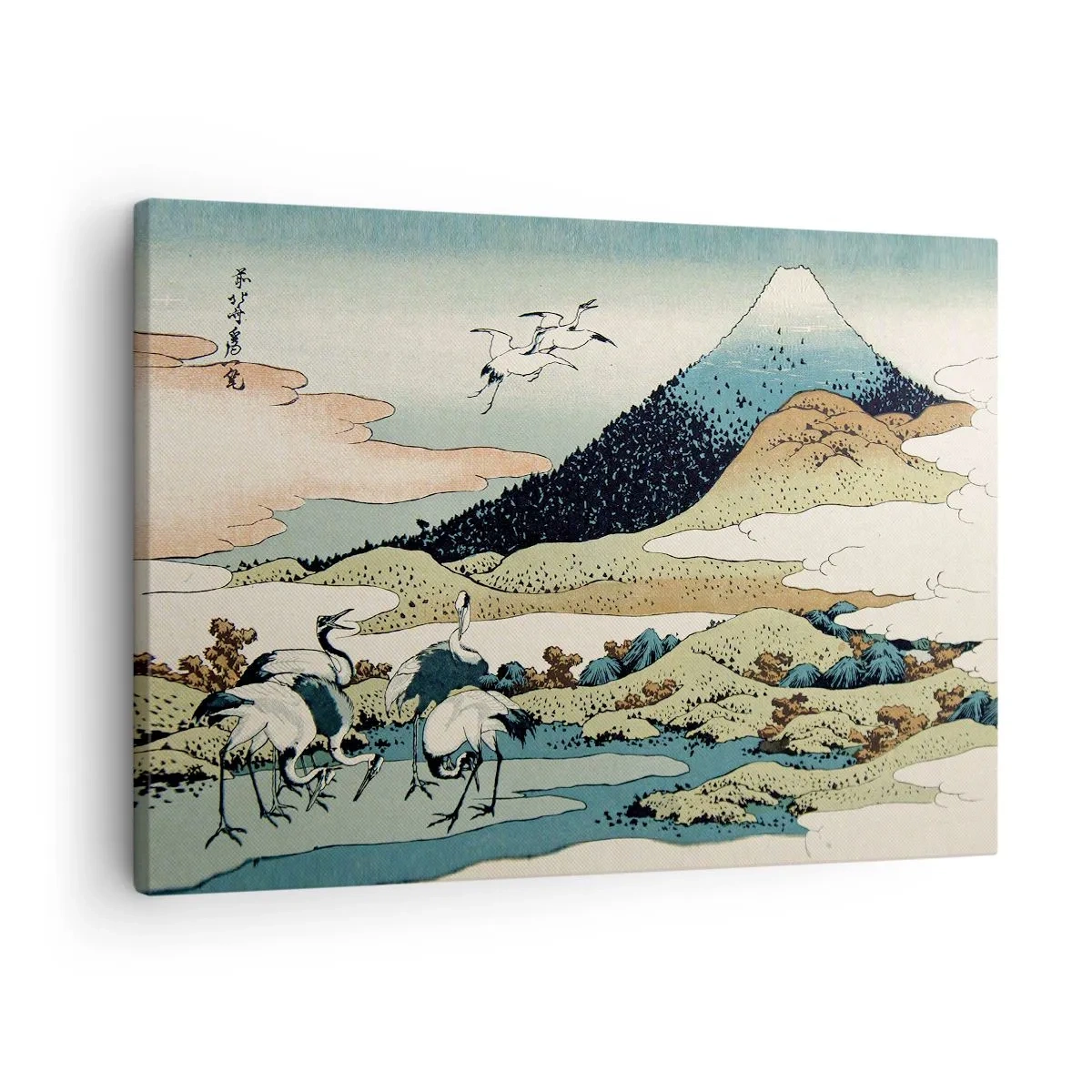 Obraz na plátne - Tradičná japonská grafika s horami a žeriavmi - 70x50cm - V japonskom duchu - Moderná nástenná dekorácia do obývacej izby a spálne ARTTOR