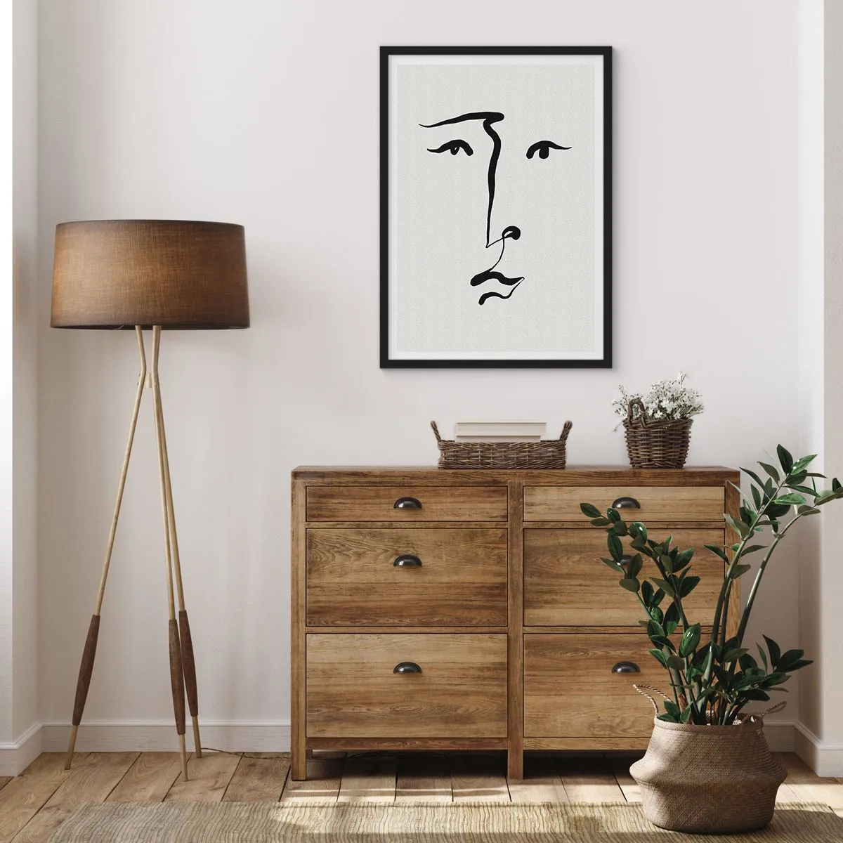 Plagát v čiernom ráme - Minimalistická ilustrácia tváre jedným ťahom štetcom - 50x70cm - Jednoduchý portrét - Moderná nástenná dekorácia do obývacej izby a spálne ARTTOR