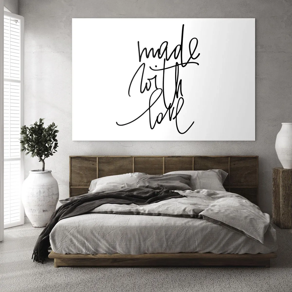 Obraz na skle - Minimalistický nápis „Vyrobené s láskou“ - 70x50cm - Najlepšia značka - Moderná nástenná dekorácia do obývacej izby a spálne ARTTOR