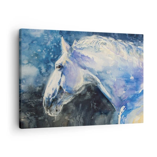 Obraz na plátne - Portrét koňa v odtieňoch modrej s maliarskym akvarelovým efektom. - 70x50cm - Portrét v modrej žiare - Moderná nástenná dekorácia do obývacej izby a spálne ARTTOR