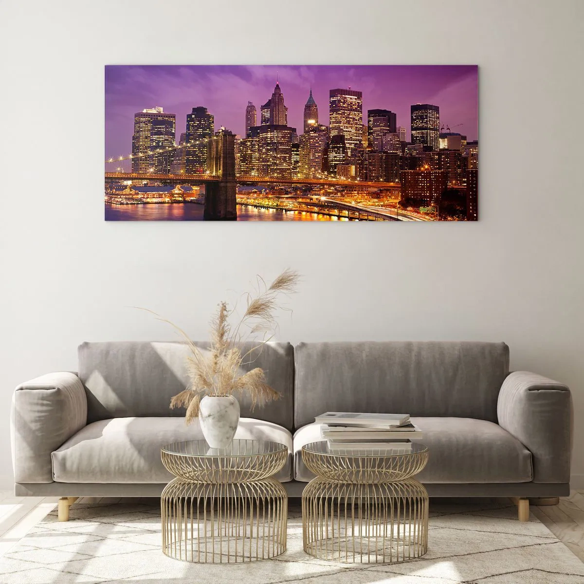 Obraz na skle - Fialovo-zlatý Manhattan - 100x40 cm