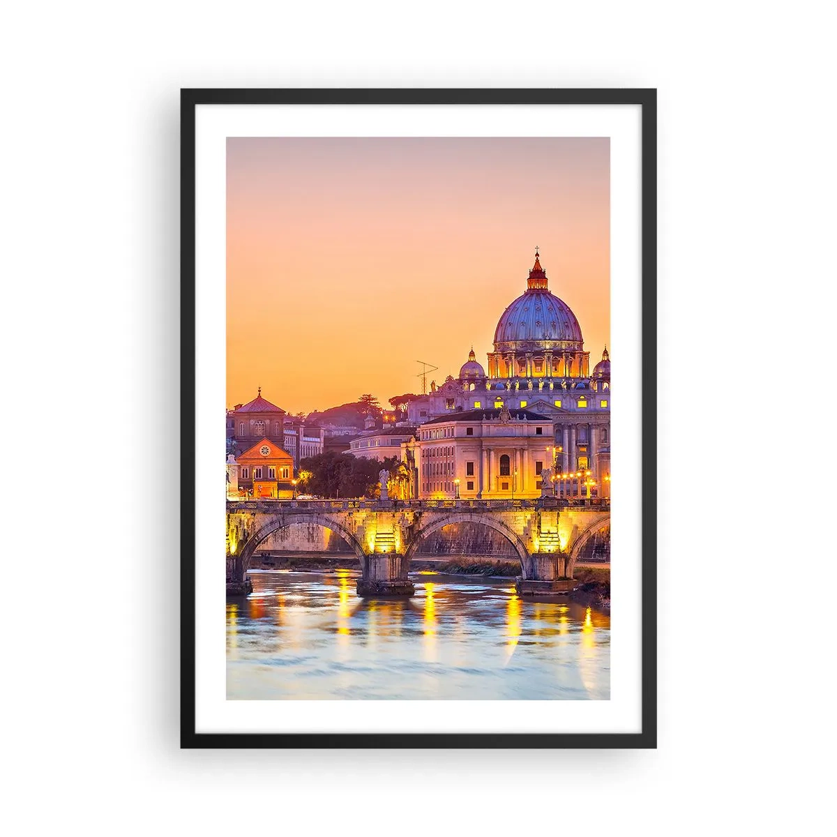 Plagát v čiernom ráme - Západ slnka nad mostom a bazilikou so svetlami v Ríme - 50x70cm - Súmrak nad Večným mestom - Moderná nástenná dekorácia do obývacej izby a spálne ARTTOR