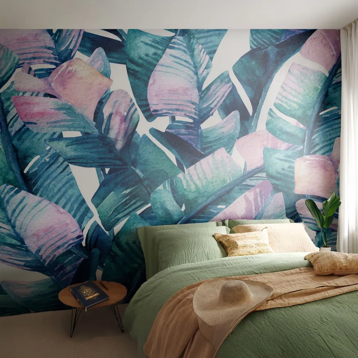 Fototapeta Standard Eco - Akvarelové tropické listy v pastelových farbách - 100x70cm - V banánovom háji - Moderná nástenná dekorácia do obývacej izby a spálne ARTTOR