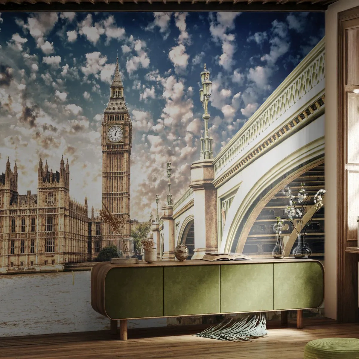 Fototapeta Standard Eco - Panoráma mesta s historickou architektúrou a mostom - 100x70cm - Perové oblaky nad Temžou - Moderná nástenná dekorácia do obývacej izby a spálne ARTTOR