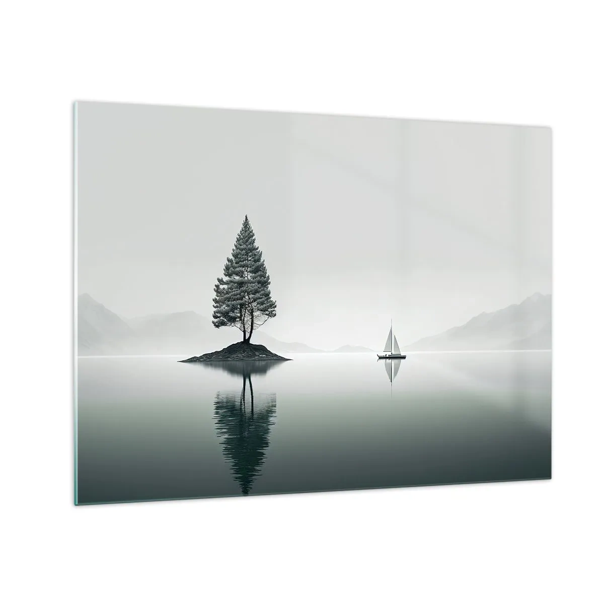 Obraz na skle - Osamelý strom na ostrove a plachetnica na pokojnom jazere - 70x50cm - Snívanie - Moderná nástenná dekorácia do obývacej izby a spálne ARTTOR