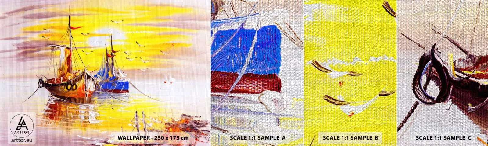 Vzorka fototapety Premium Canvas - Zaslúžený odpočinok v prístave - Rybarska lod, Rybolov, Vtáky - 100x30 cm