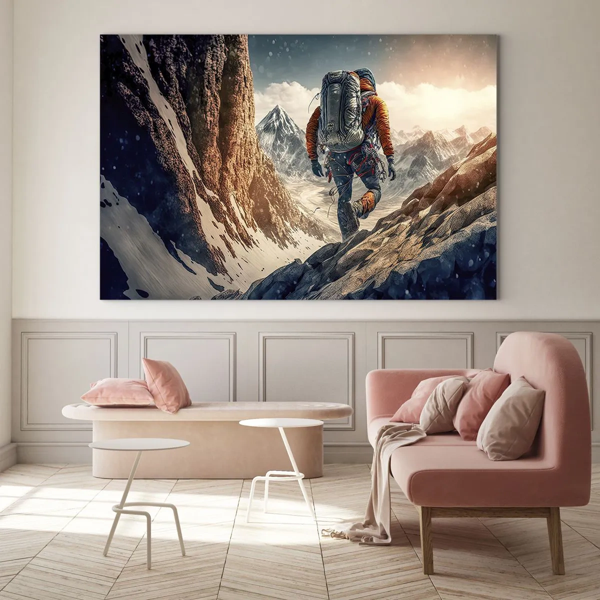 Obraz na skle - Turista stúpajúci po skalnatom, zasneženom horskom svahu - 70x50cm - Osamelý bojovník - Moderná nástenná dekorácia do obývacej izby a spálne ARTTOR