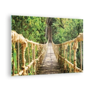 Obraz na skle - Drevený lanový most obklopený bujnou zeleňou - 70x50cm - Zavesený v zelenej - Moderná nástenná dekorácia do obývacej izby a spálne ARTTOR