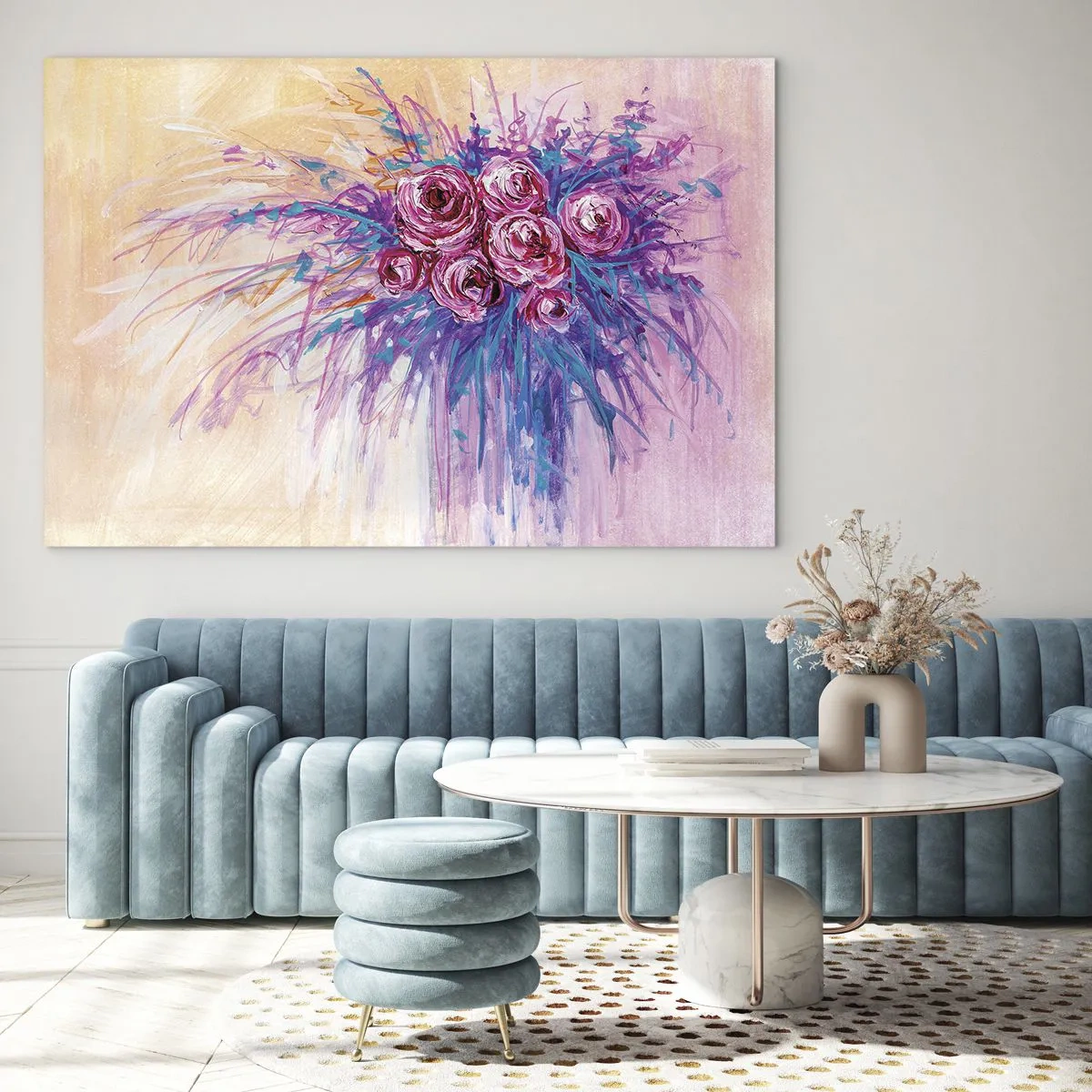 Obraz na skle - Kytica ruží v odtieňoch ružovej a fialovej na pastelovom pozadí - 70x50cm - Ružová fontána - Moderná nástenná dekorácia do obývacej izby a spálne ARTTOR