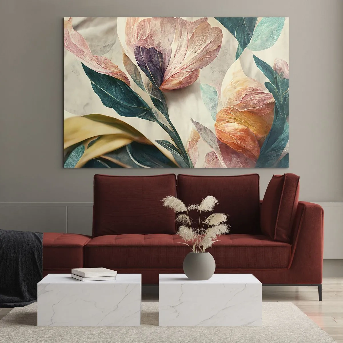 Obraz na skle - Exotické kvety a listy v pastelových farbách v botanickom štýle - 70x50cm - Kvety južných ostrovov - Moderná nástenná dekorácia do obývacej izby a spálne ARTTOR