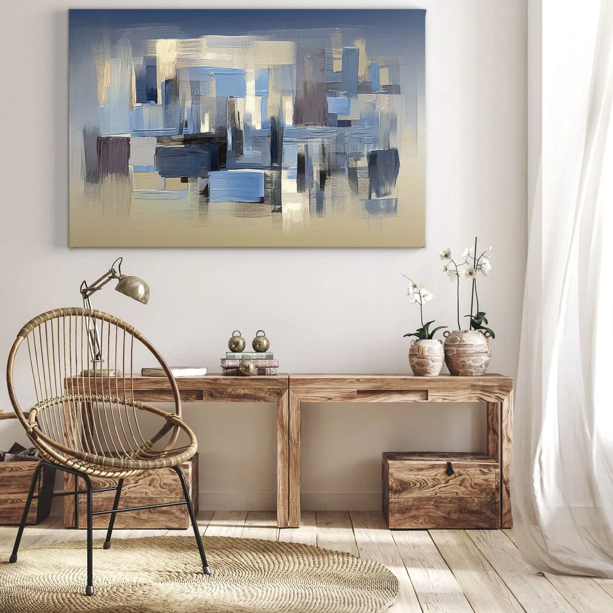 Obraz na plátne - Geometrické tvary v odtieňoch modrej a béžovej - 70x50cm - Modrá konštrukcia - Moderná nástenná dekorácia do obývacej izby a spálne ARTTOR