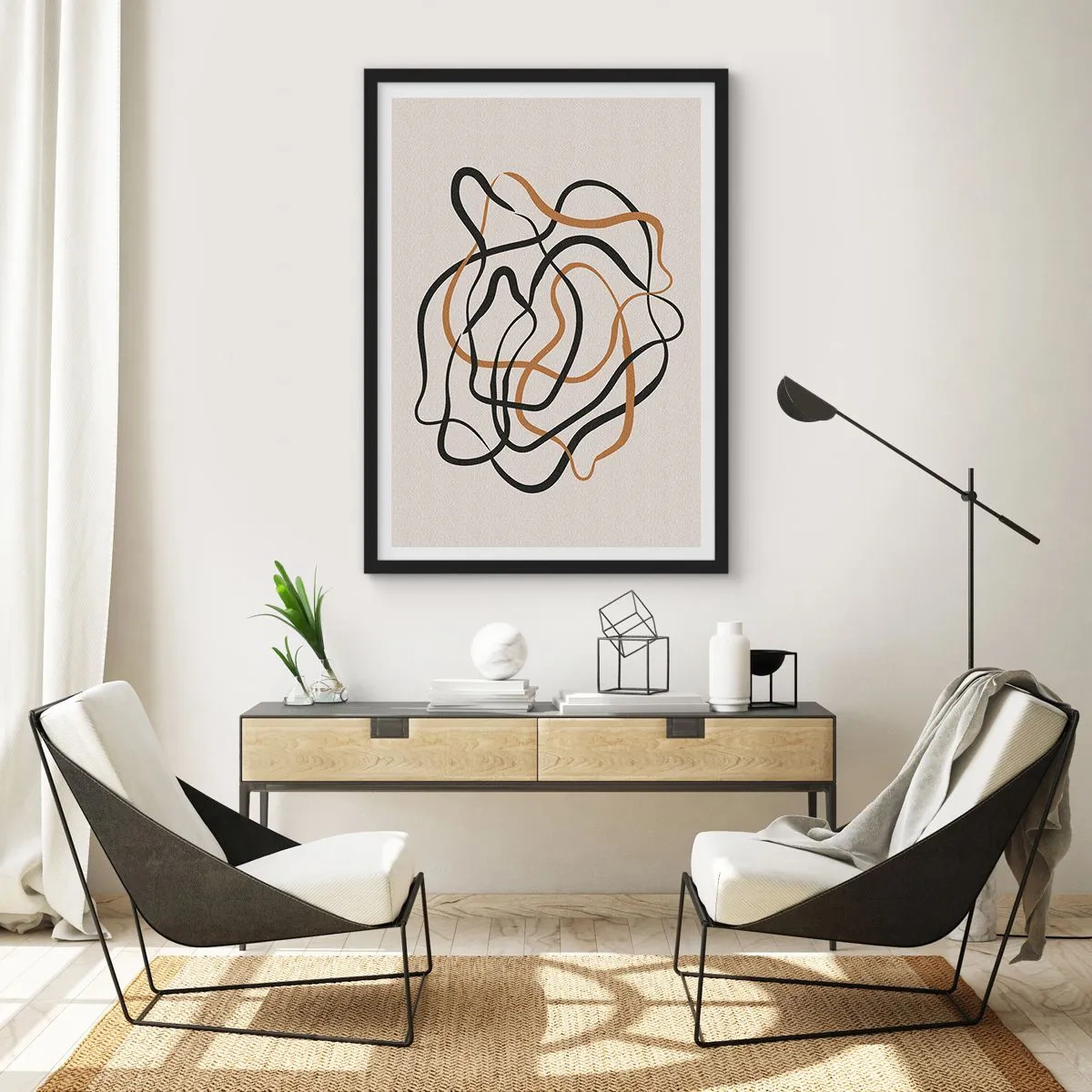 Plagát v čiernom ráme - Abstraktné zamotané čiary v čiernej a zlatej farbe na béžovej - 50x70cm - Všetko sa pokrútilo - Moderná nástenná dekorácia do obývacej izby a spálne ARTTOR