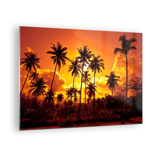 Obraz na skle - Palmy na pozadí ohnivého západu slnka - 70x50cm - Horia hory, horia lesy - Moderná nástenná dekorácia do obývacej izby a spálne ARTTOR