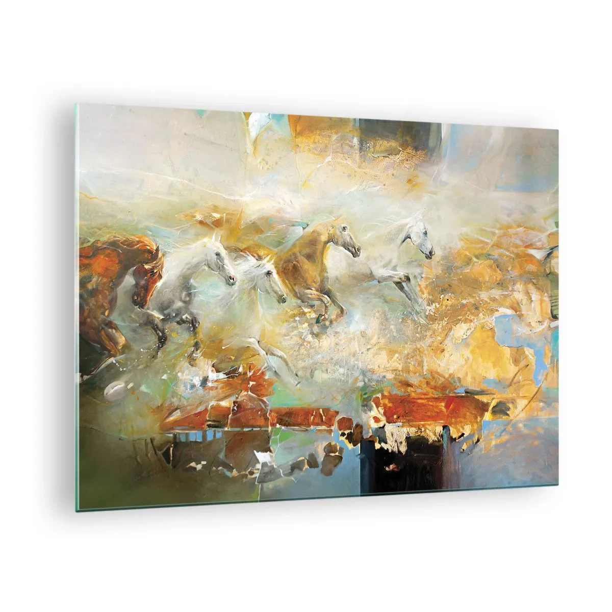 Obraz na skle - Abstraktné kone v dynamickom pohybe - 70x50cm - Cvála svetlom - Moderná nástenná dekorácia do obývacej izby a spálne ARTTOR
