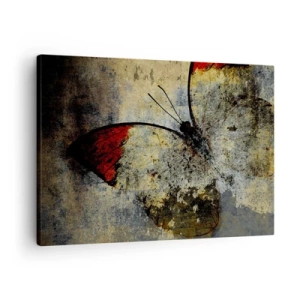 Obraz na plátne - Motýľ v odtieňoch červenej a sivej na textúrovanom pozadí - 70x50cm - Pozri, skôr ako zmiznem - Moderná nástenná dekorácia do obývacej izby a spálne ARTTOR