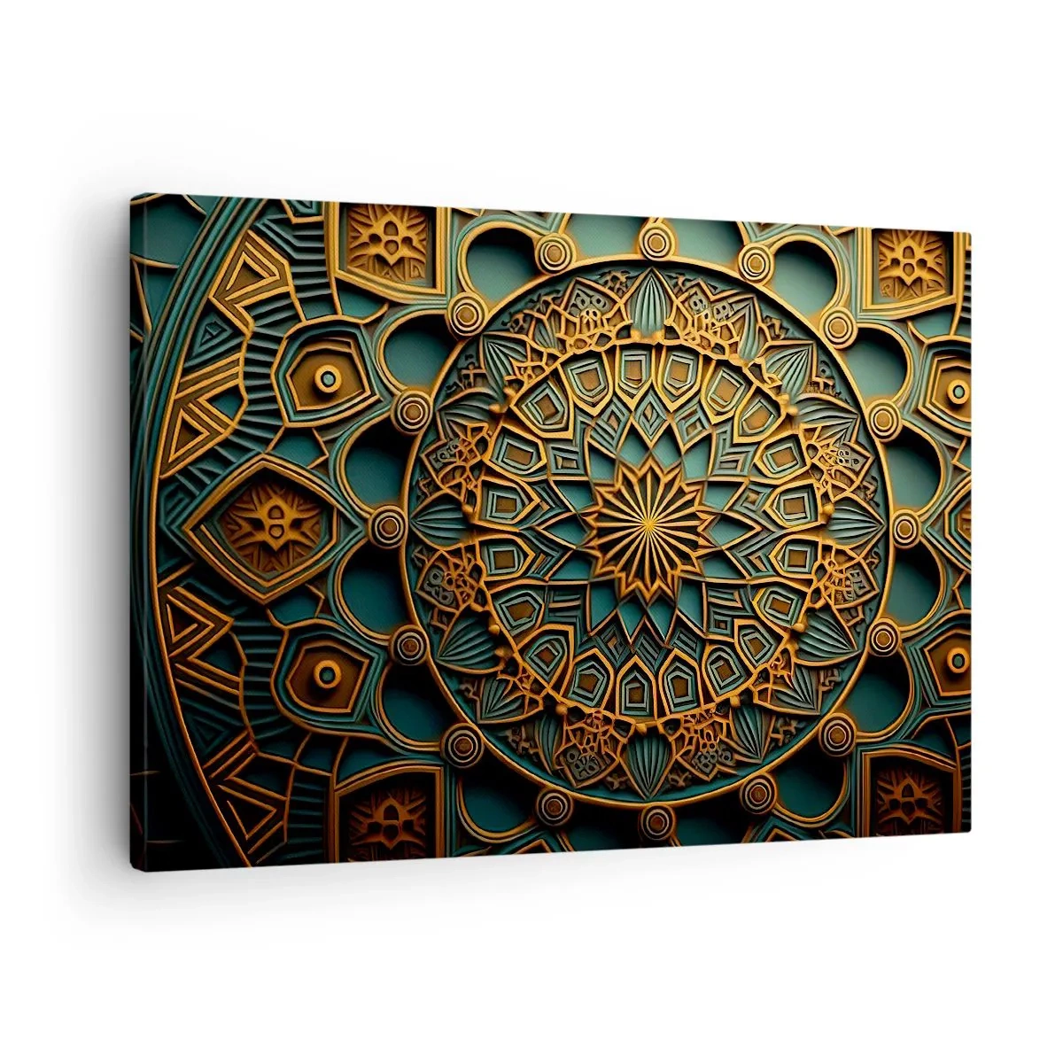 Obraz na plátne - Zlatá mandala na tyrkysovom pozadí s bohatými detailmi. - 70x50cm - V arabskom štýle - Moderná nástenná dekorácia do obývacej izby a spálne ARTTOR