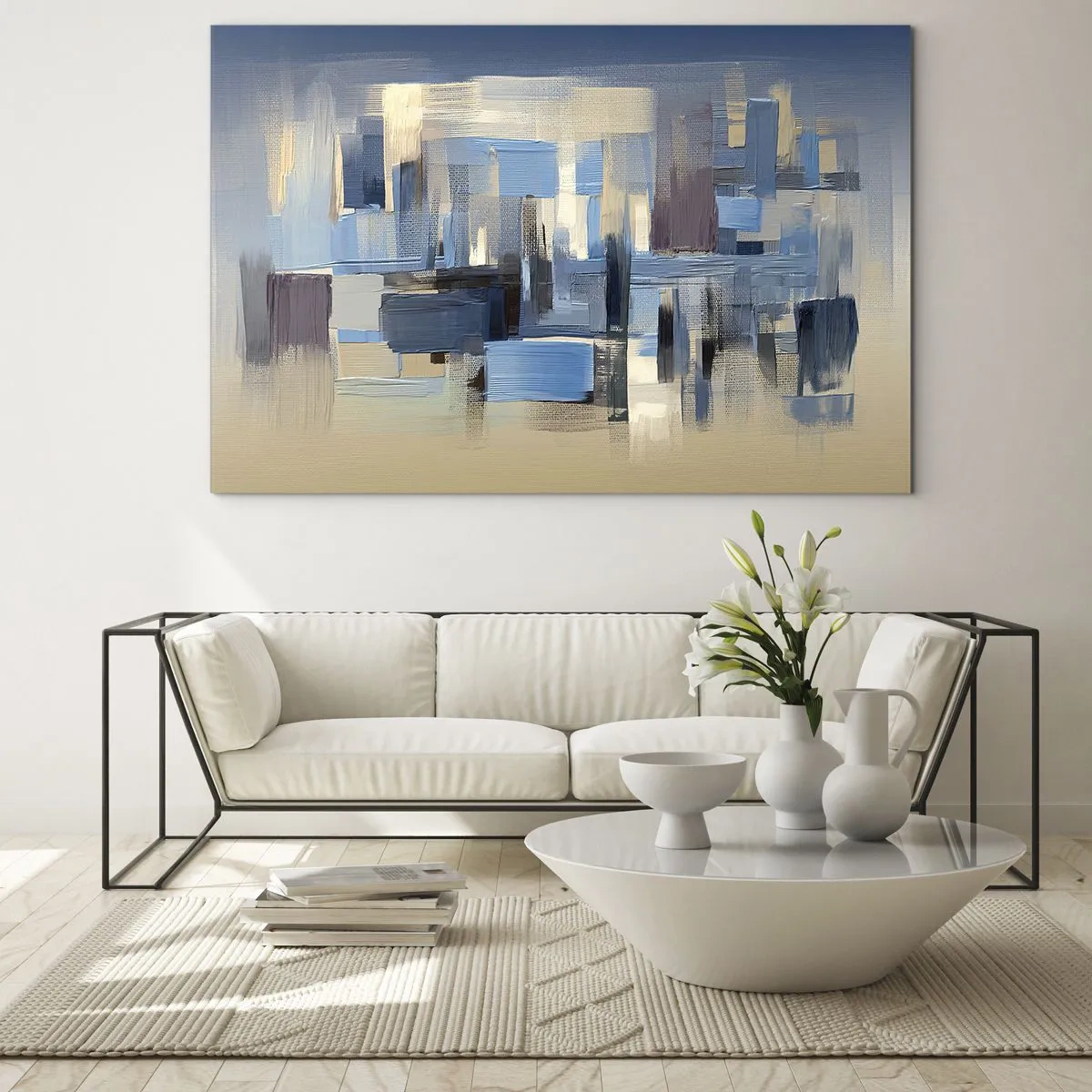 Obraz na skle - Geometrické ťahy štetcom v odtieňoch modrej a béžovej - 70x50cm - Modrá konštrukcia - Moderná nástenná dekorácia do obývacej izby a spálne ARTTOR