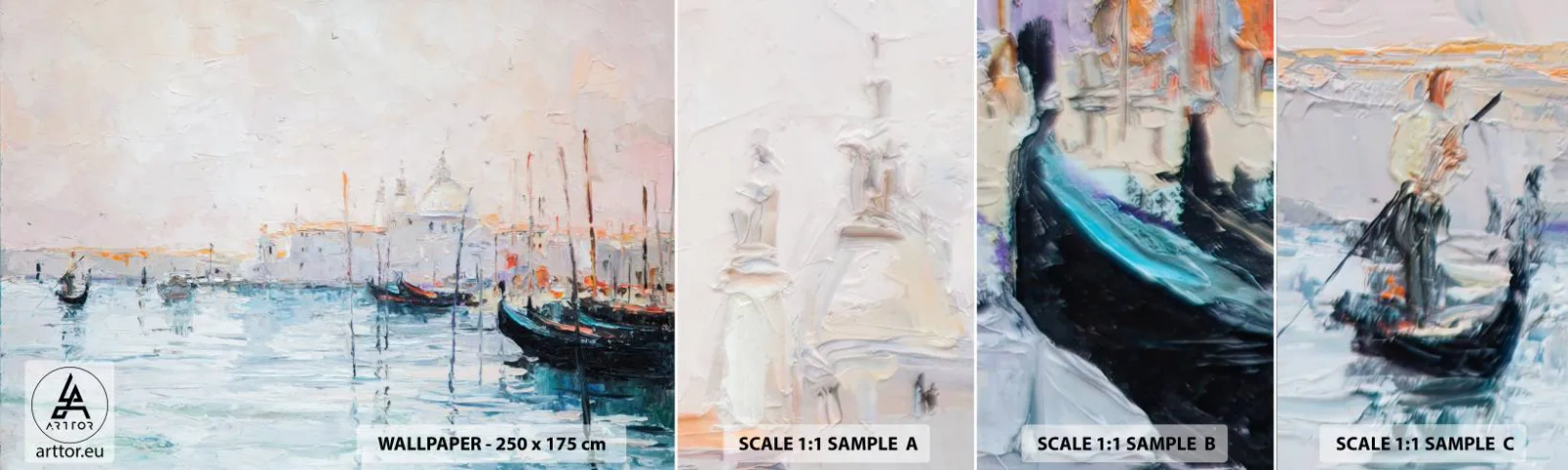 Vzorka samolepiacej fototapety Deluxe Sticker - Za vodou, za hmlou - Kus, Mesto, Benátky - 100x30 cm