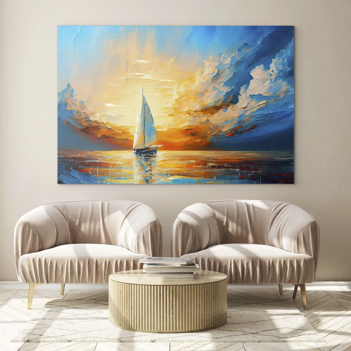 Obraz na skle - Plachetnica na mori vo svetle zapadajúceho slnka - 70x50cm - Plavba v zlate - Moderná nástenná dekorácia do obývacej izby a spálne ARTTOR