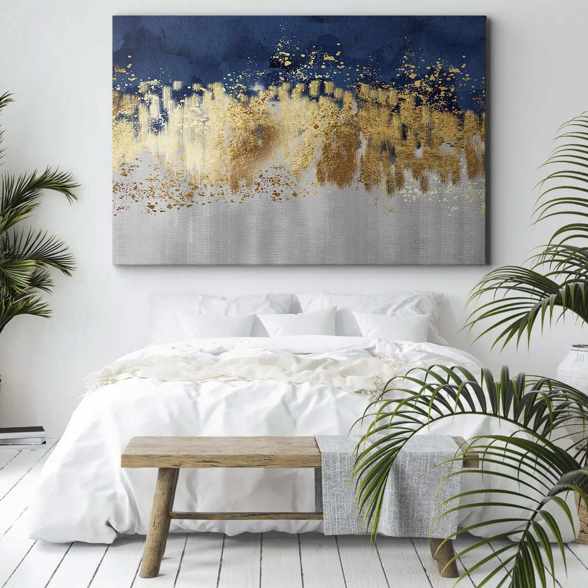 Obraz na plátne - Abstraktná kompozícia v odtieňoch zlatej a tmavomodrej. - 70x50cm - Moderná kompozícia s iskrou - Moderná nástenná dekorácia do obývacej izby a spálne ARTTOR