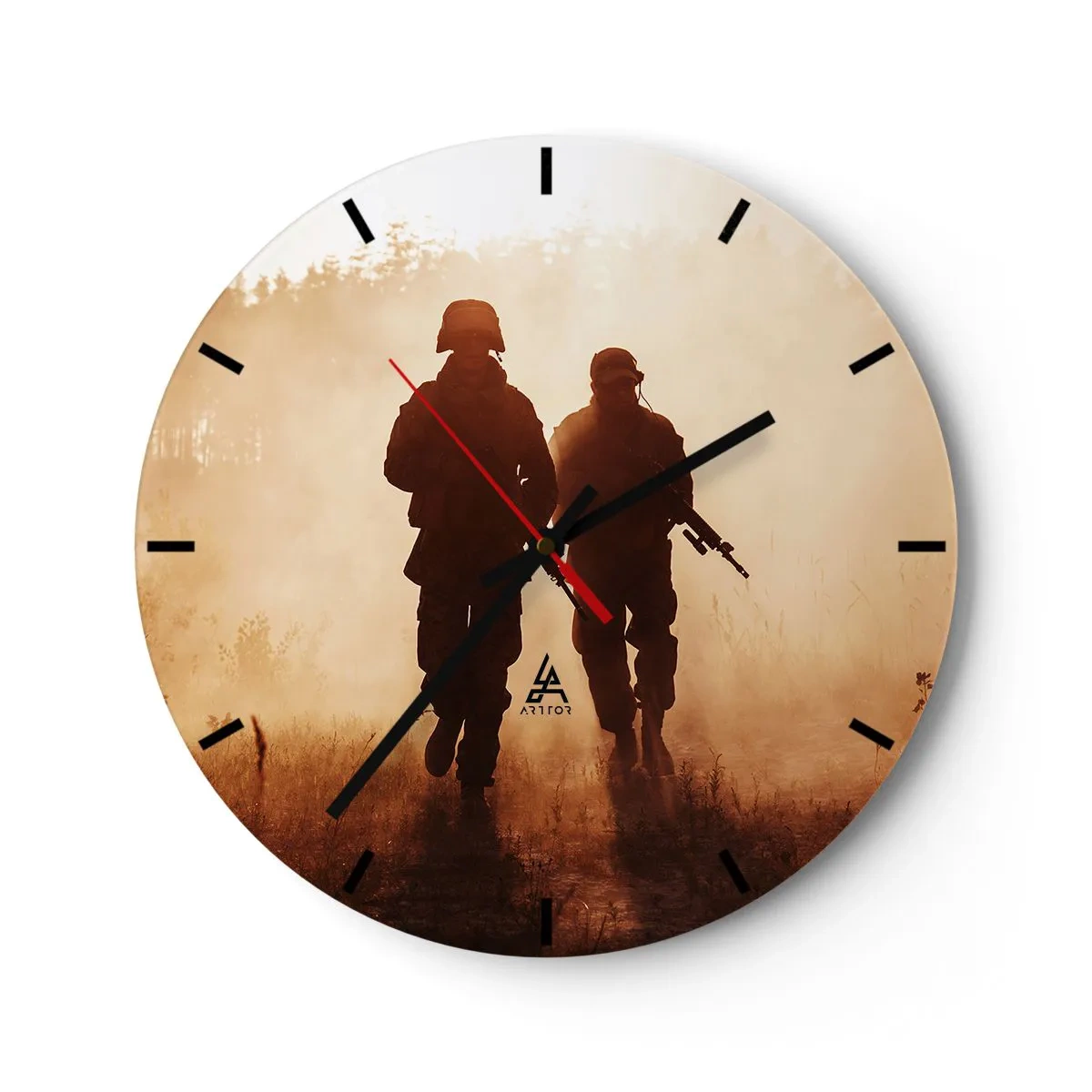 Nástenné hodiny - Siluety vojakov v rannej hmle na pozadí prírody - 30x30cm - Call of Duty - Moderná nástenná dekorácia do obývacej izby, kuchyne a spálne ARTTOR