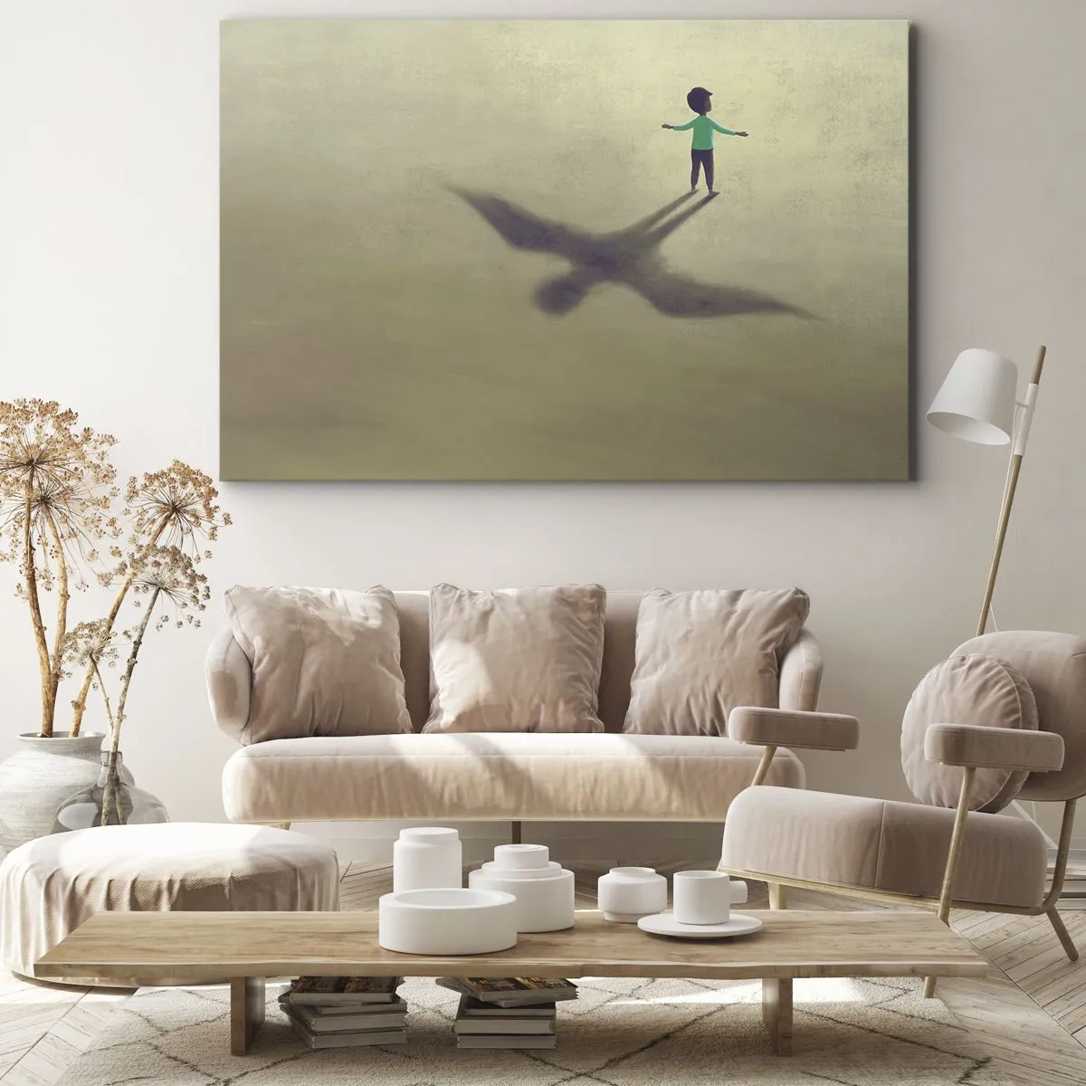 Obraz na plátne - Symbolická postava dieťaťa s tieňom vtáka na pozadí v teplých odtieňoch. - 70x50cm - Hrdina budúcnosti - Moderná nástenná dekorácia do obývacej izby a spálne ARTTOR