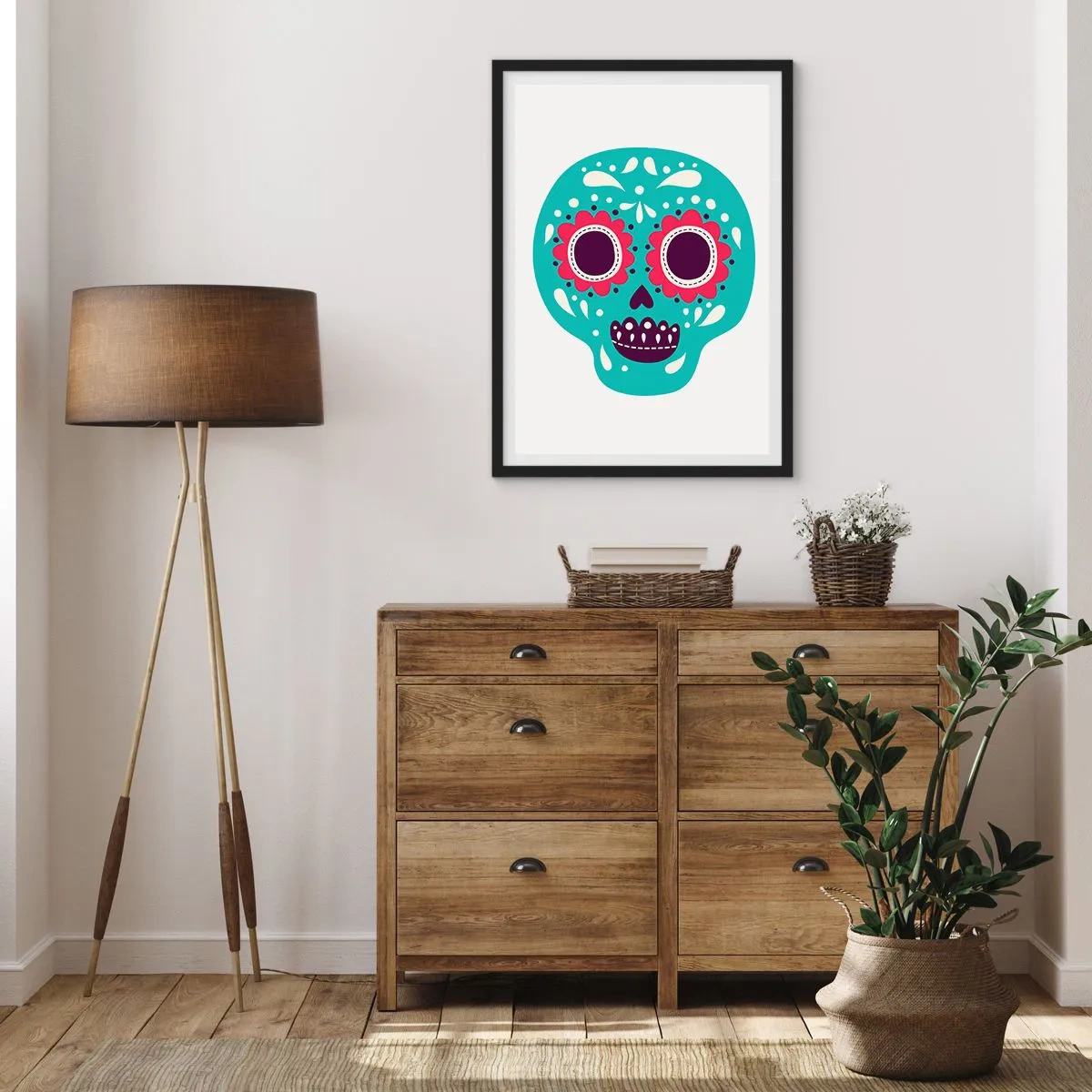 Plagát v čiernom ráme - Farebná lebka mexického Dňa mŕtvych - 50x70cm - Život – zábava až do smrti - Moderná nástenná dekorácia do obývacej izby a spálne ARTTOR