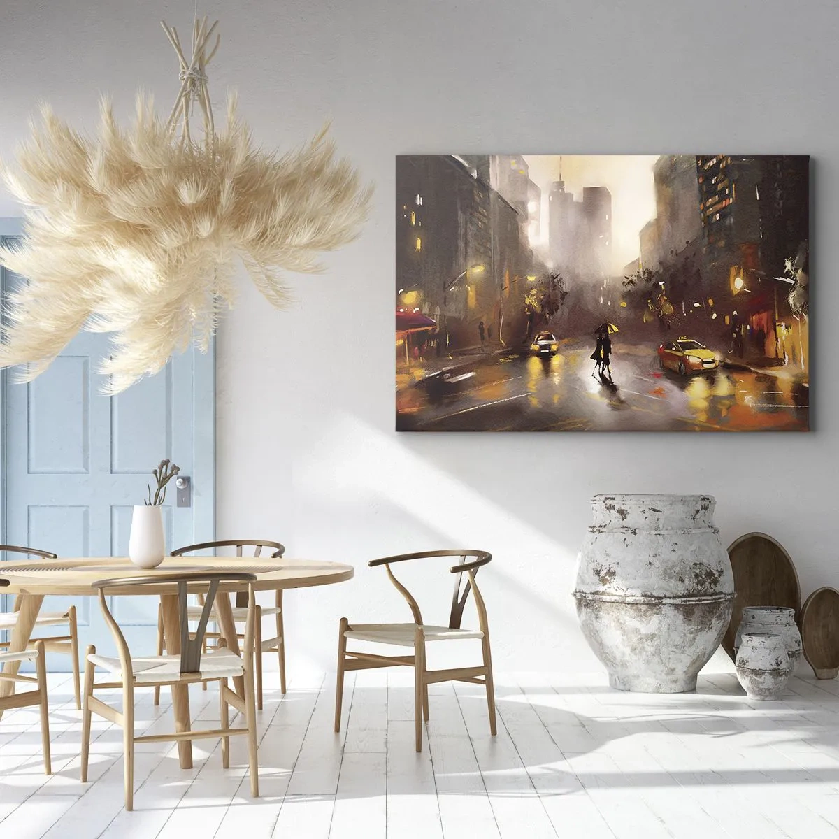 Obraz na plátne - Mestská scenéria v noci vo svetle pouličných lámp a odrazov na mokrej ulici. - 70x50cm - Vo svetlách New Yorku - Moderná nástenná dekorácia do obývacej izby a spálne ARTTOR