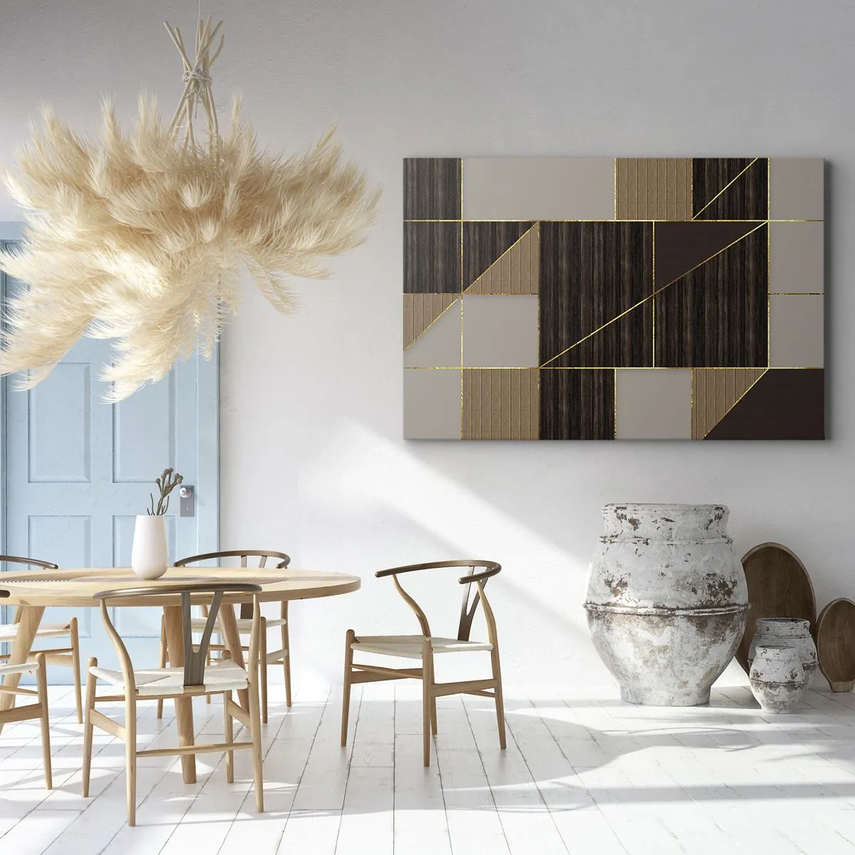 Obraz na plátne - Geometrické vzory v odtieňoch hnedej so zlatými líniami - 70x50cm - Mozaika hnedej a zlatej - Moderná nástenná dekorácia do obývacej izby a spálne ARTTOR