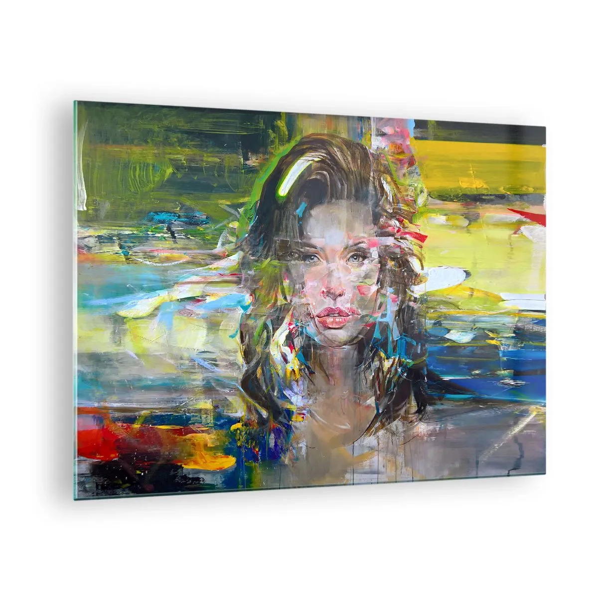 Obraz na skle - Abstraktný portrét ženy s dynamickým pozadím - 70x50cm - Za závojom vzduchu - Moderná nástenná dekorácia do obývacej izby a spálne ARTTOR