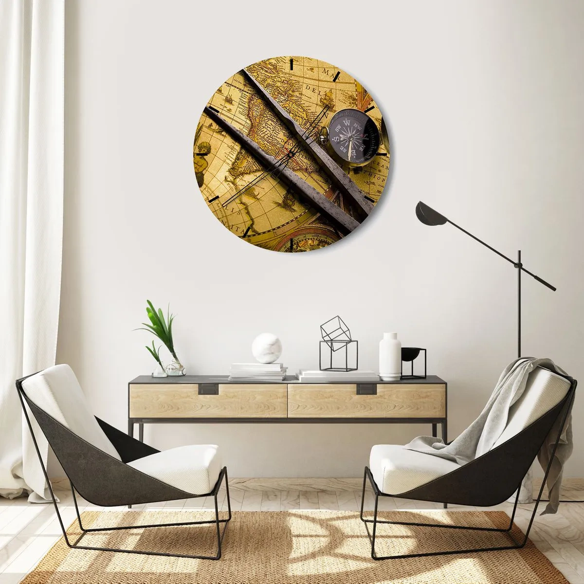 Nástenné hodiny - Starožitná mapa s kompasom a kružidlom - 30x30cm - Kde sú tie poklady? - Moderná nástenná dekorácia do obývacej izby, kuchyne a spálne ARTTOR