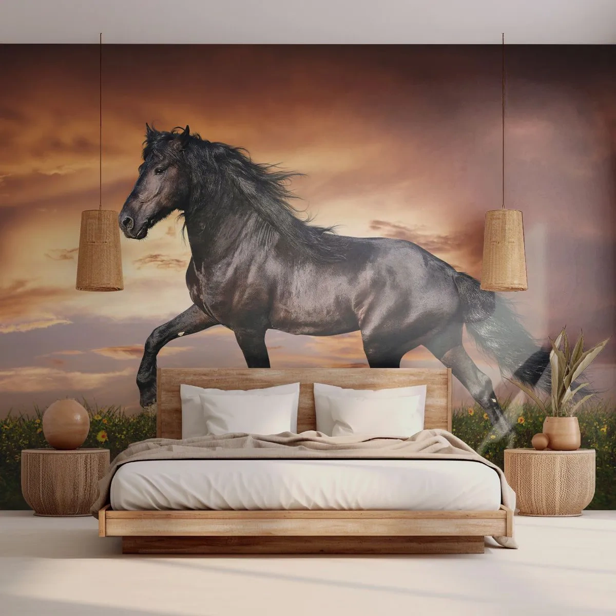 Samolepiaca Fototapeta Deluxe Sticker - Čierny knieža - Zvieratá, Arabský kôň, Krajina - 250x175 cm