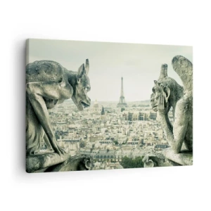 Obraz na plátne - Chrliče s výhľadom na panorámu Paríža a Eiffelovu vežu - 70x50cm - Parížske rozprávanie - Moderná nástenná dekorácia do obývacej izby a spálne ARTTOR