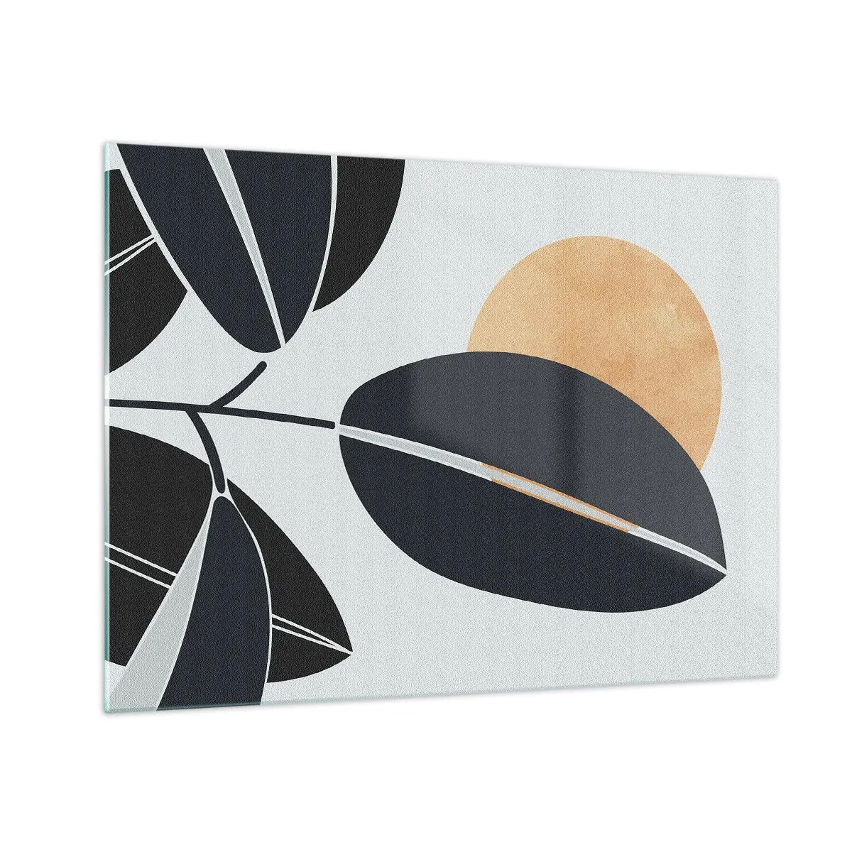 Obraz na skle - Štylizované listy v čiernej farbe s oranžovým slnkom v pozadí - 70x50cm - Deň horúceho leta - Moderná nástenná dekorácia do obývacej izby a spálne ARTTOR