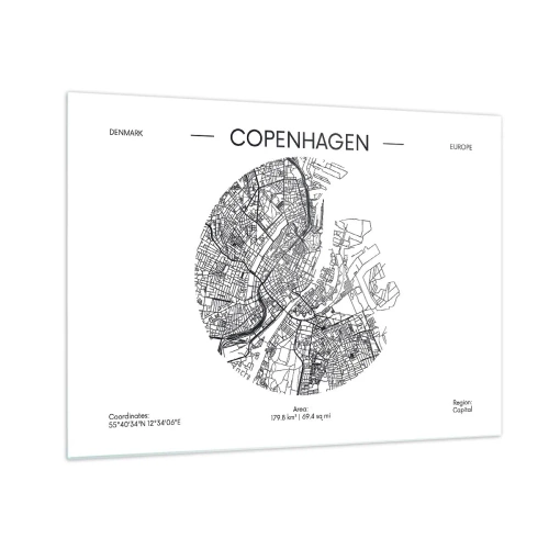 Obraz na skle - Mapa Kodane vo forme grafického náčrtu ulíc - 70x50cm - Anatómia Kodane - Moderná nástenná dekorácia do obývacej izby a spálne ARTTOR