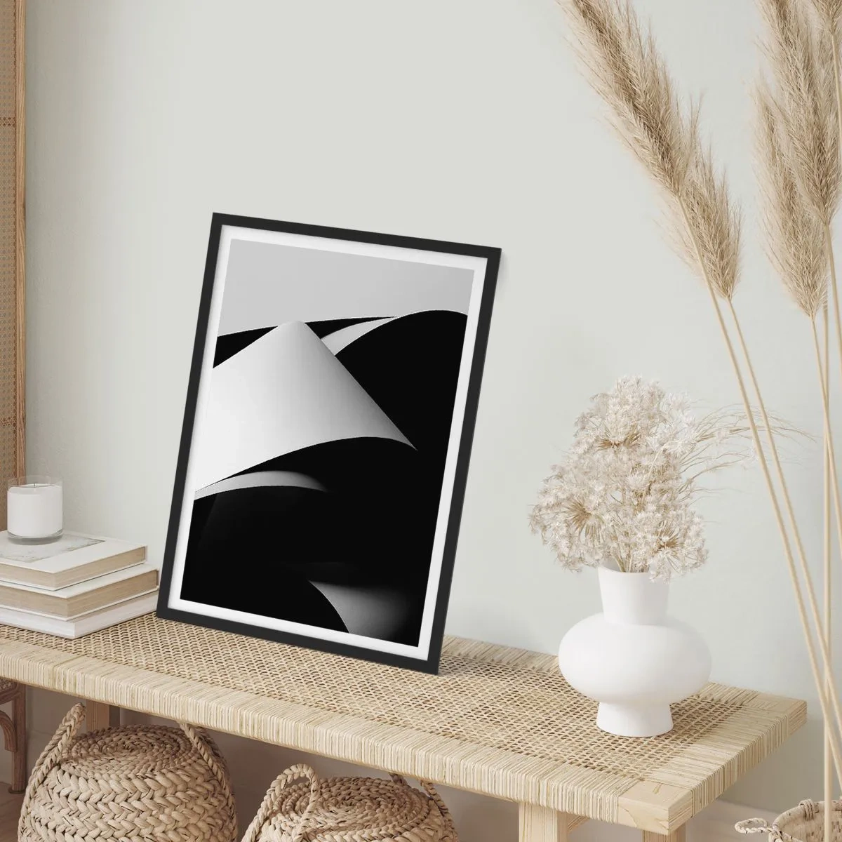 Plagát v čiernom ráme - Minimalistická abstrakcia v čiernej a bielej farbe - 50x70cm - Svetlo z hlbín tieňa - Moderná nástenná dekorácia do obývacej izby a spálne ARTTOR