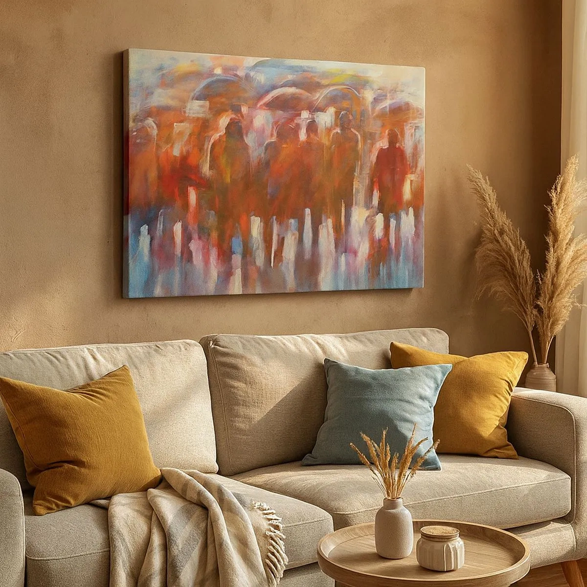 Obraz na plátne - Dav ľudí s dáždnikmi v daždivom umeleckom prostredí - 70x50cm - Rovnocenní v daždi a hmle - Moderná nástenná dekorácia do obývacej izby a spálne ARTTOR