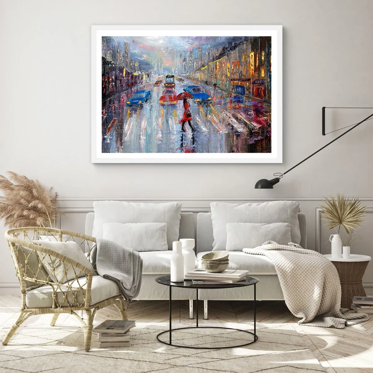 Plagát v bielom ráme - Daždivé popoludnie v meste - 100x70 cm