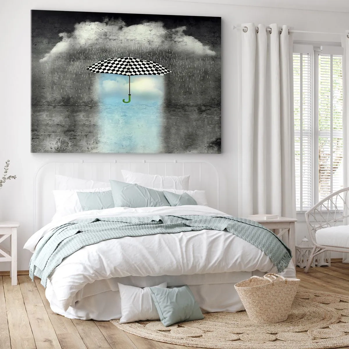 Obraz na plátne - Šachovnicový dáždnik nad daždivou krajinou - 70x50cm - A predsa je to možné - Moderná nástenná dekorácia do obývacej izby a spálne ARTTOR
