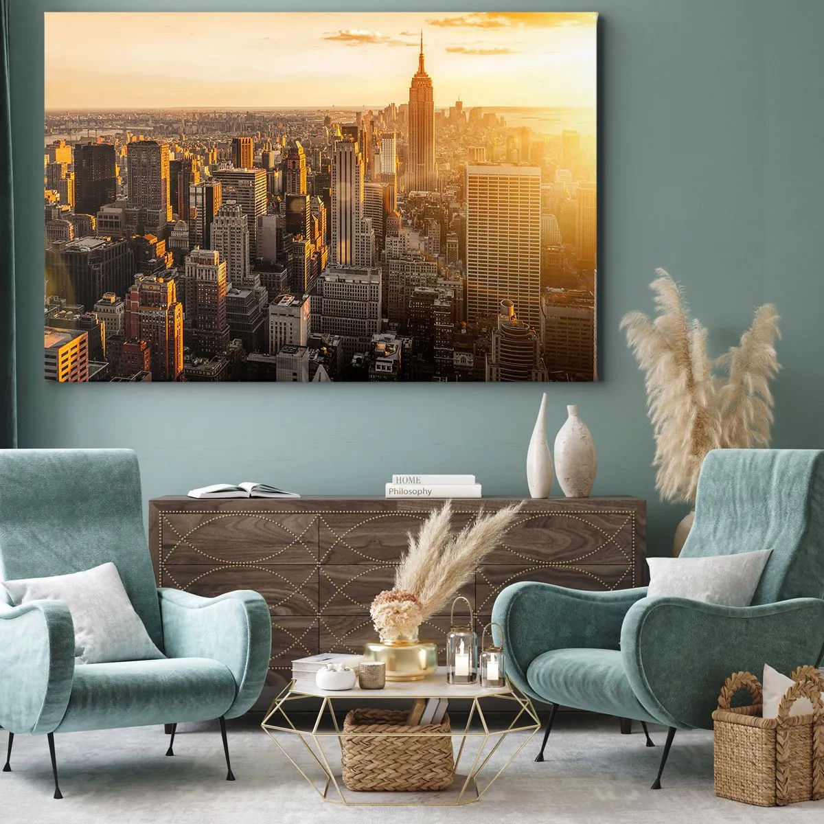 Obraz na plátne - Panoráma New Yorku pri západe slnka s výhľadom na Empire State Building - 70x50cm - Rast na slnku - Moderná nástenná dekorácia do obývacej izby a spálne ARTTOR