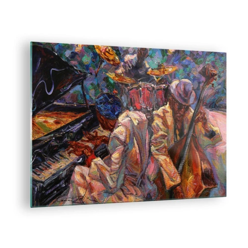 Obraz na skle - Farebné jazzové pódium s hudobníkmi a nástrojmi - 70x50cm - V jednom rytme - Moderná nástenná dekorácia do obývacej izby a spálne ARTTOR